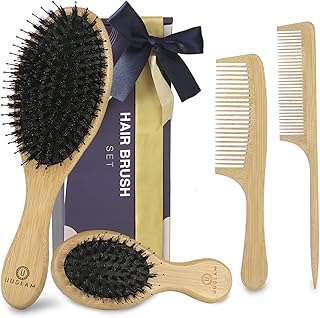 Wet Dry Hair Brush and Comb Set-Natural Bamboo Bristles Boar Detangler Hairbrush for Long Short Thick Thin Curly Straight ...