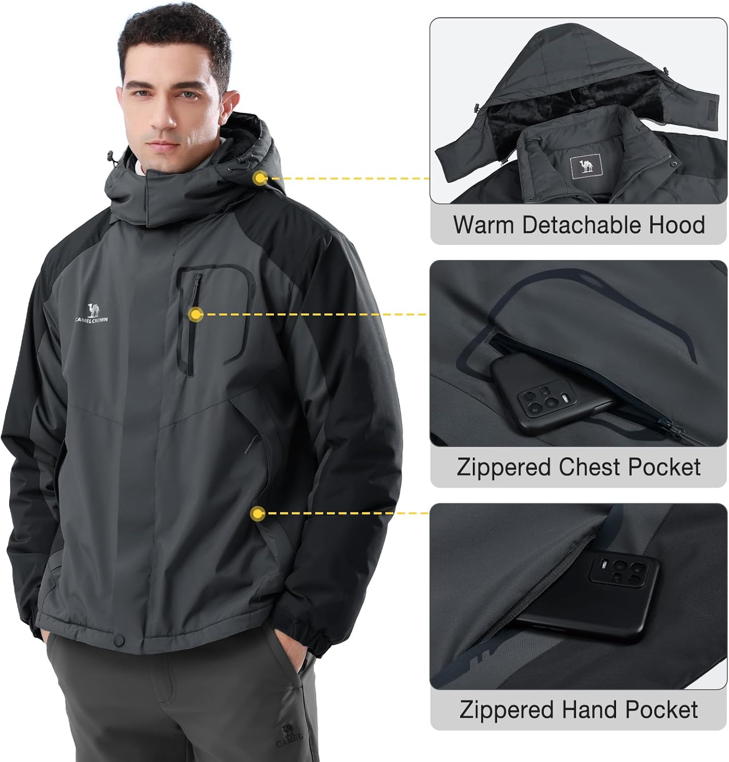 CAMEL CROWN Men's Ski Snow Jacket Waterproof Winter Snow Coat Windproof Warm Fleece Lining Hooded Parka Rain Jacket - Image 6