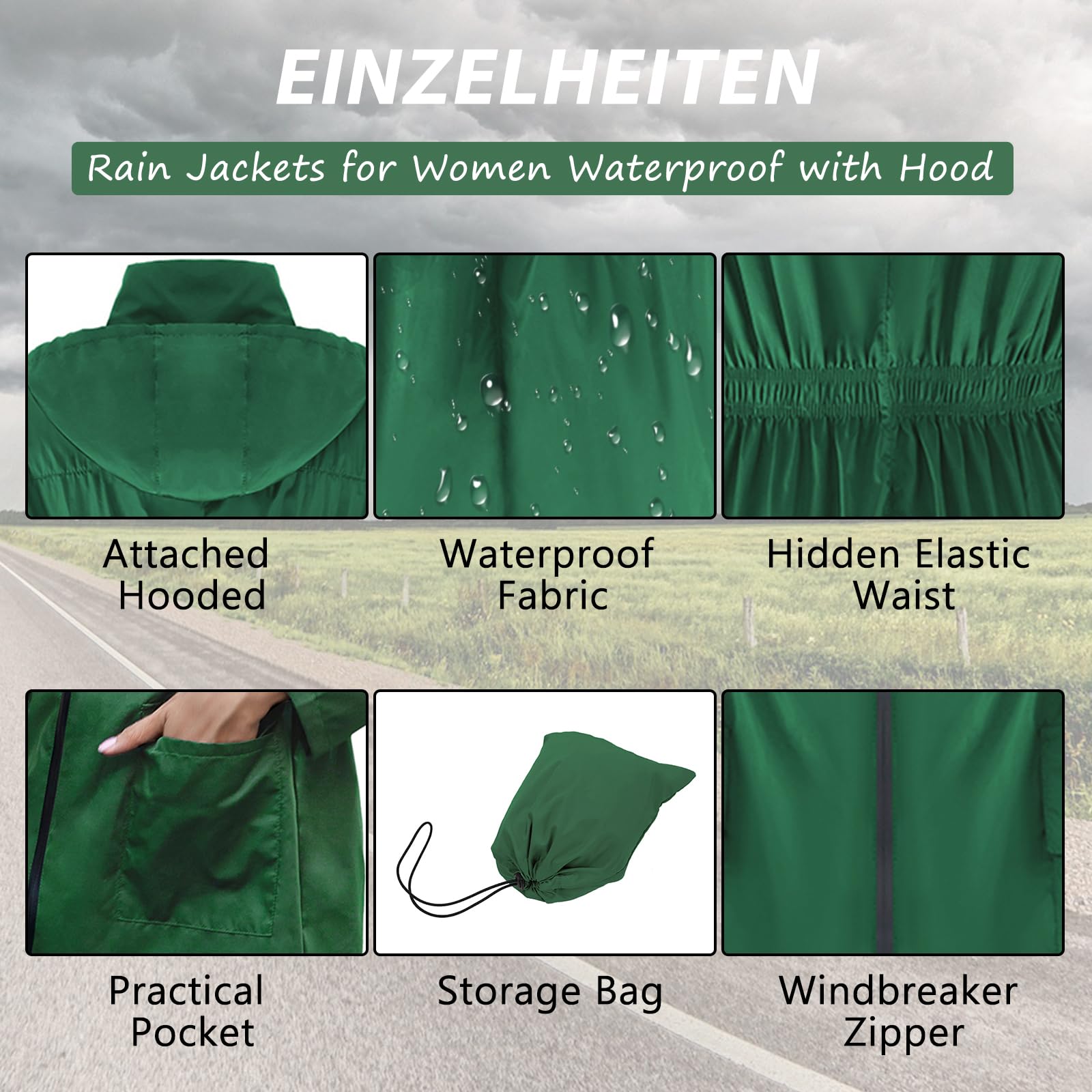 PONCEAU Damen Regenjacke Wasserdicht & Atmungsaktiv, Leichter Fahrrad Windbreaker mit Kapuze, Faltbare Übergangsjacke/Softshelljacke für Wandern, Reisen