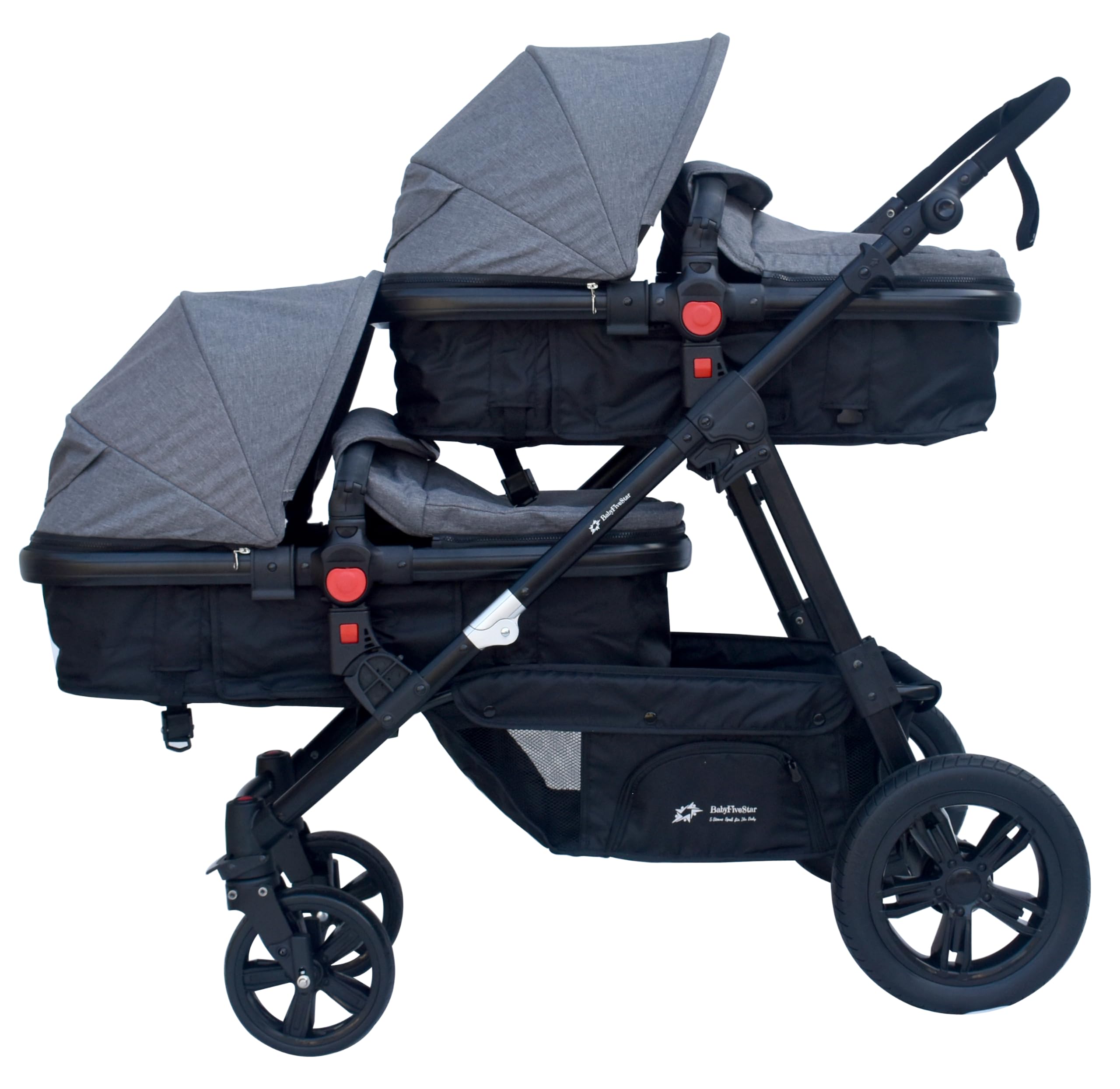 PASSEGGINO DOPPIO/GEMELLARE 2in1 NERO E GRIGIO PER DUE BAMBINI FRATELLI STROLLER