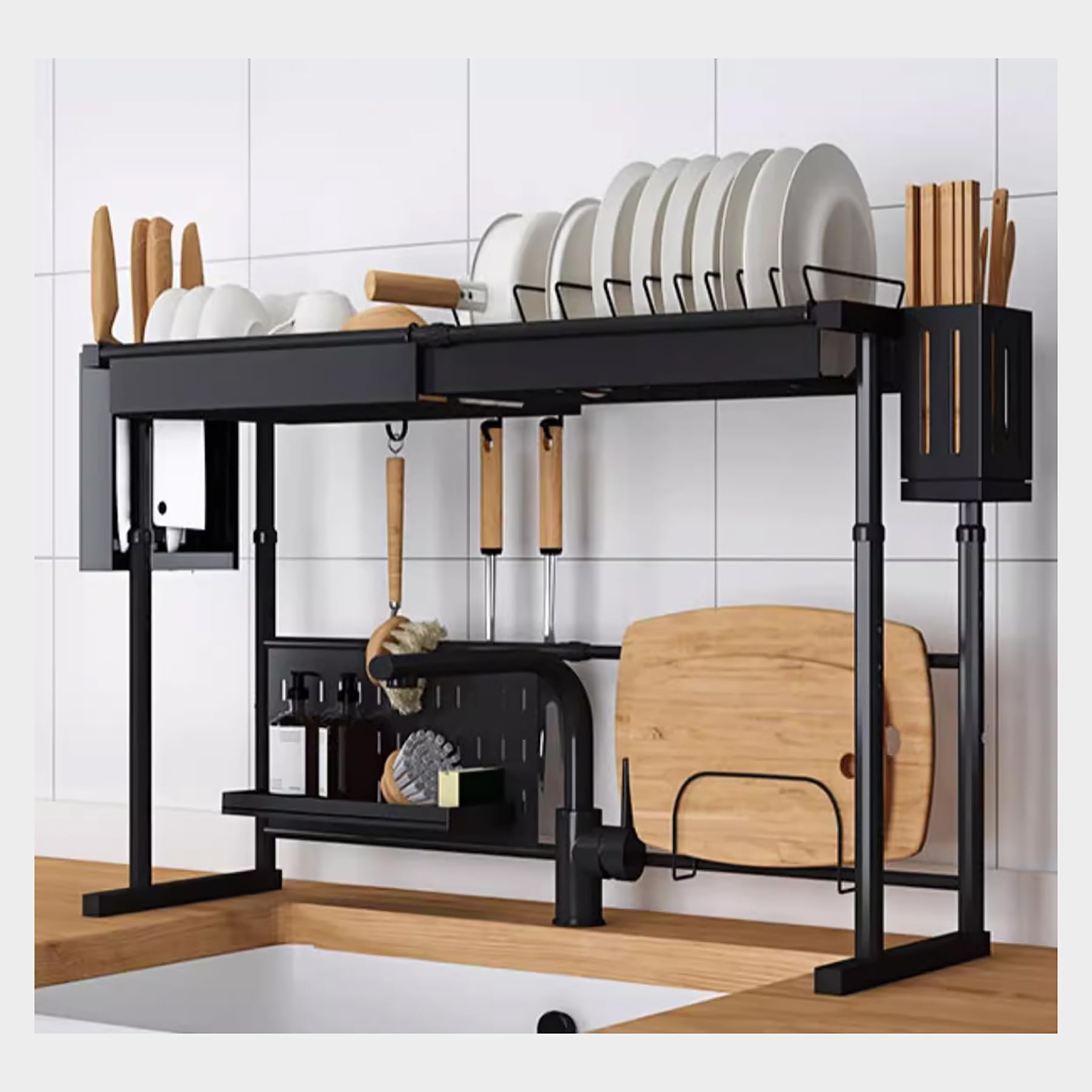 SDVantage Adjustable Dish Drying Rack Over Sink Stainless Steel Dish Racks for Kitchen Counter Large Size Kitchen Organizer Drain Rack Over Sink Utensils Holder,Black,Single Slot，Black-Single Slot