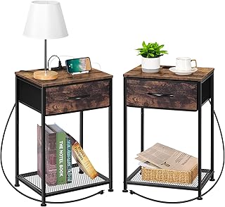 smusei Nightstands Set of 2 End Tables Bedroom Set of 2 Farmhouse Side Table with Fabric Drawer Industrial Bedside Table with Charging Station for Living Room Guest Room, Rustic Brown