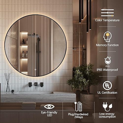 Miniatura 7 de Niccy Espejo redondo retroiluminado LED de 40 pulgadas para baño, espejo de pared con marco negro, espejos circulares inteligentes LED con 3 colores