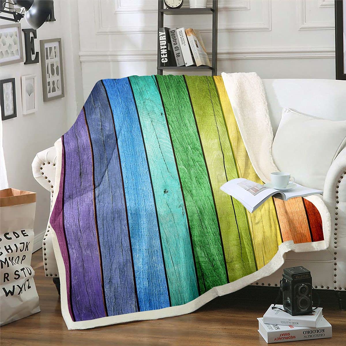 Loussiesd Drewniany koc polarowy narzuta kolorowy drewniana deska pluszowy koc na łóżko sofę styl wiejski szerpa koc ciepły puszysty koc rustykalny podwójny 152 x 200 cm