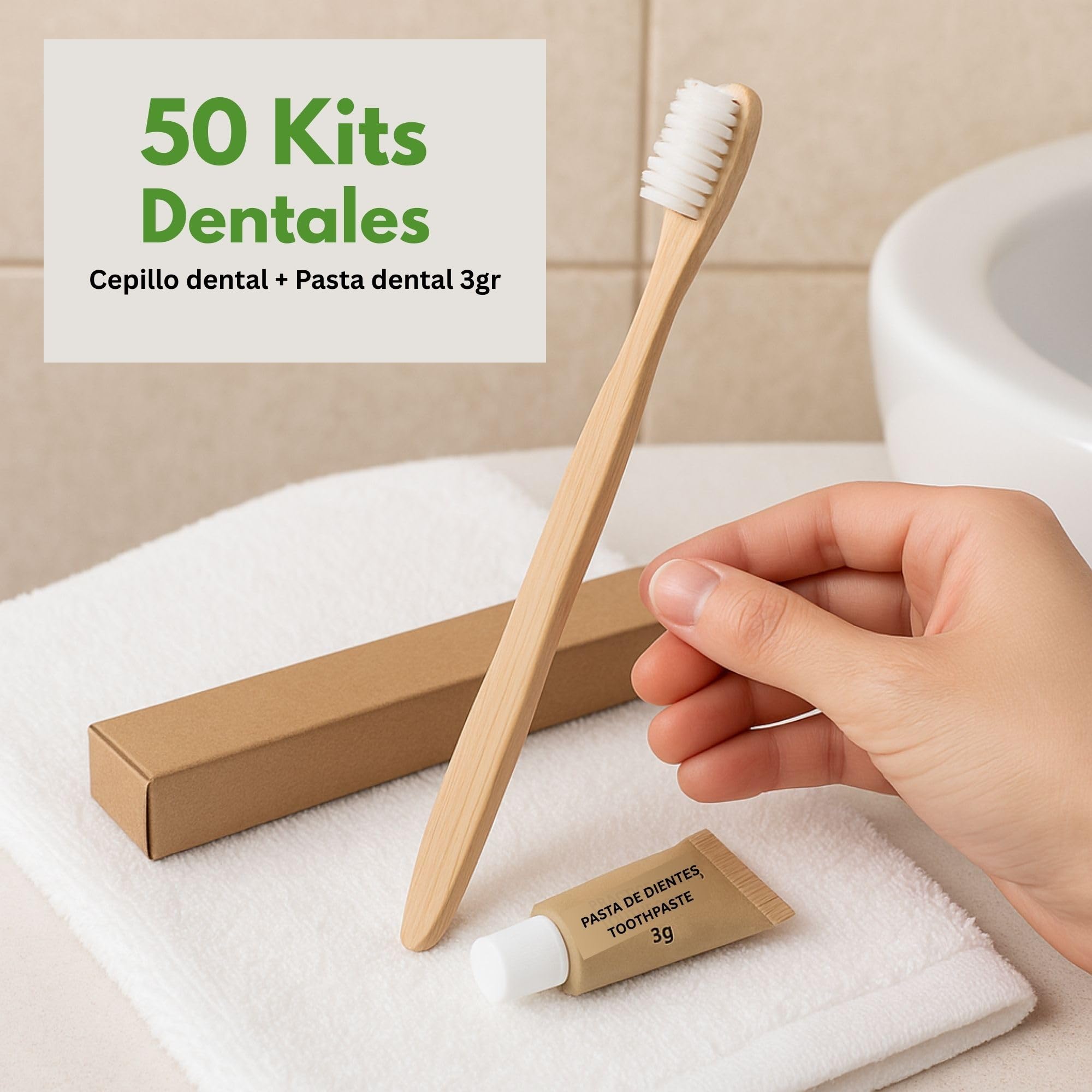 Confezione da 50 set dentali con spazzolino da denti in bambù e dentifricio da 3 g - manico naturale - astuccio singolo riciclato - set dentale ecologico per alberghi, cliniche e alloggi