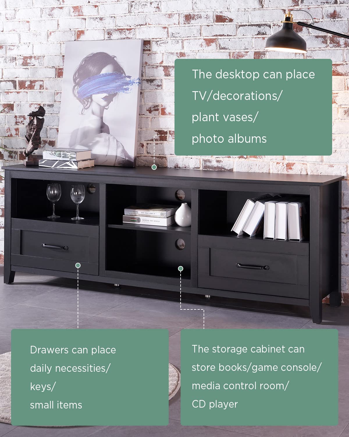 BAMACAR Black TV Stand for 80 Inch TV for Living Room, Black Entertainment Center for 75 Inch TV, mid century modern tv stand 65 70 inch TV Stand Black TV Console with Storage, Stand TV 75 inch Modern