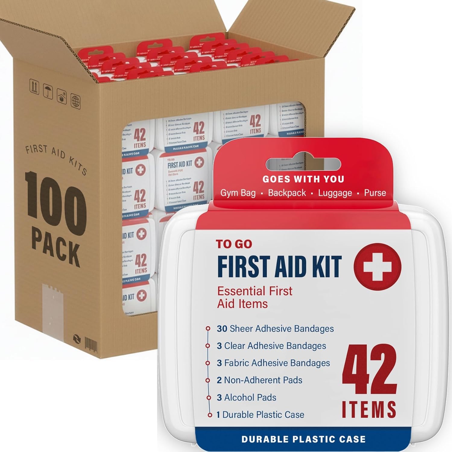 DecorRack 4200 Piece First Aid Kit, 100 Individual Boxes of 42 Items Each, First Aid Kits for Minor Cuts, Scrapes, Travel, Car, Home, Work, Field Trips or Camping (4200pcs, 100 Pack)