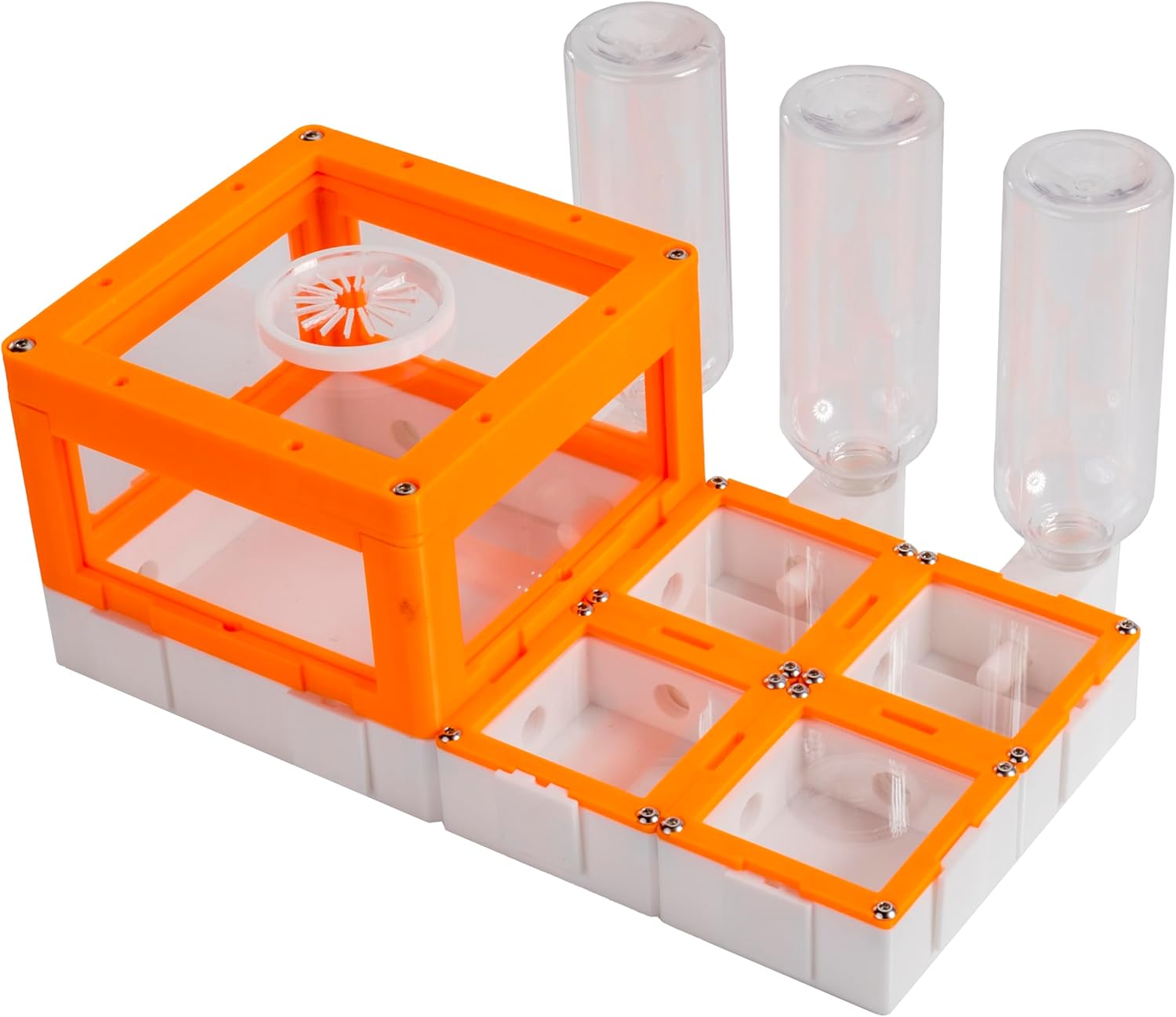 Ant Farm Observation Nest with Feeding Bottles, Orange and Clear Acrylic Frame, Multiple Activity Chambers, Expandable Design
