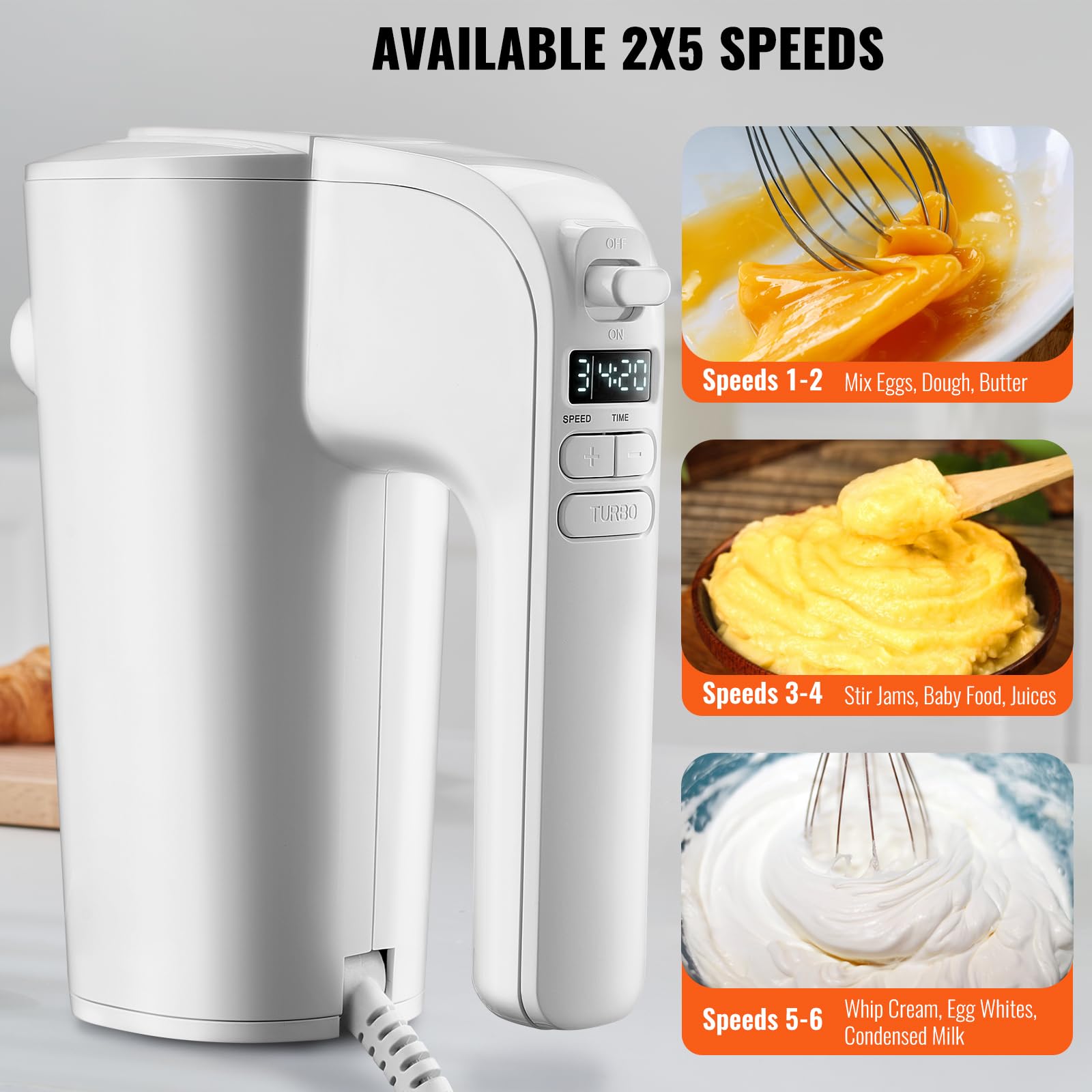 Happybuy 200W 5-Speed Digital Electric Hand Mixer with Turbo Boost, Dough Hooks, Whisk & Storage Bag for Baking, Portable Kitchen Tool