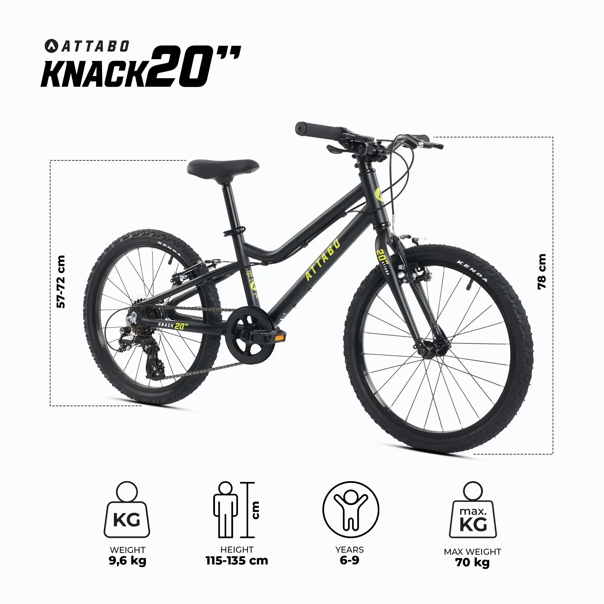 ATTABO Knack Leichtes Kinderfahrrad - 20 Zoll Fahrrad - Aluminiumrahmen & Shimano Schaltung - Schwarz - Für Schulweg und Familienausflüge