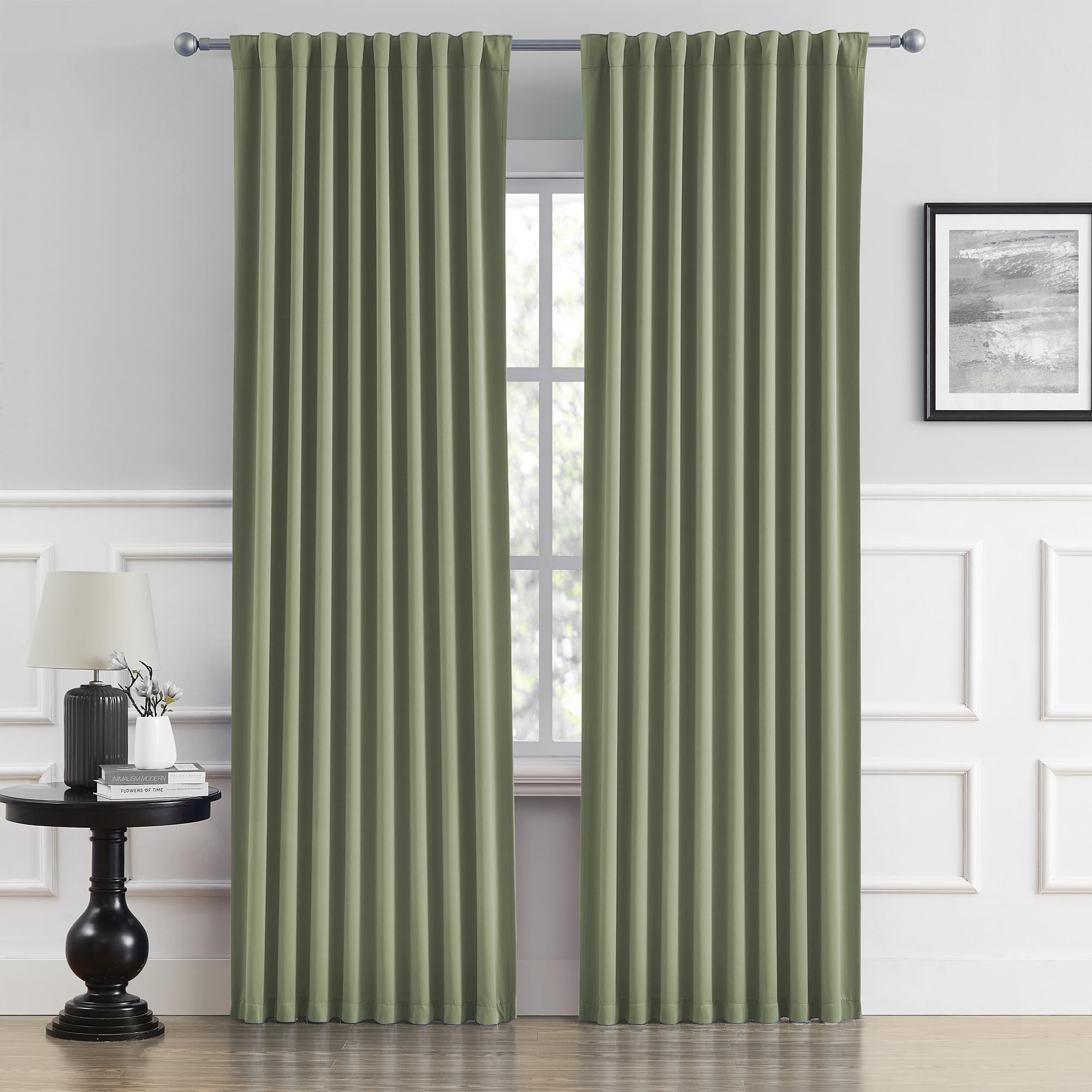 DUALIFE Light Sage Green Curtains 96 Inches Long with Back Tab/Rod Pocket, Room Darkening Window Curtains, Light Blocking 52 x 96