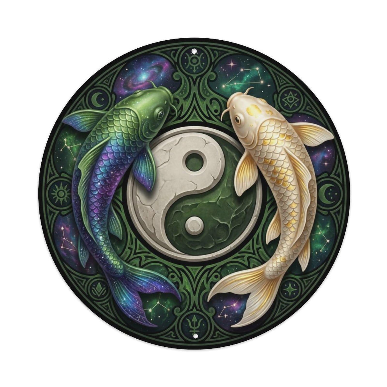 TaiChi Koi Fish Moldavite Green Stone Cosmic Rare Mystical Metal sign