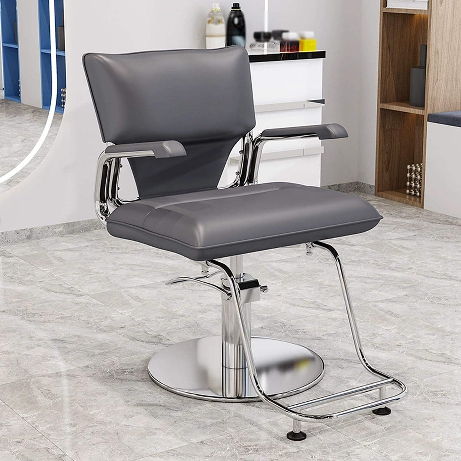 Niedrogie krzesło do salonu z podłokietnikami, obracany o 360°, hydrauliczny, skórzana, tapicerka, srebrna podstawa ze stali nierdzewnej i podnóżek, do salonu fryzjerskiego (szary)