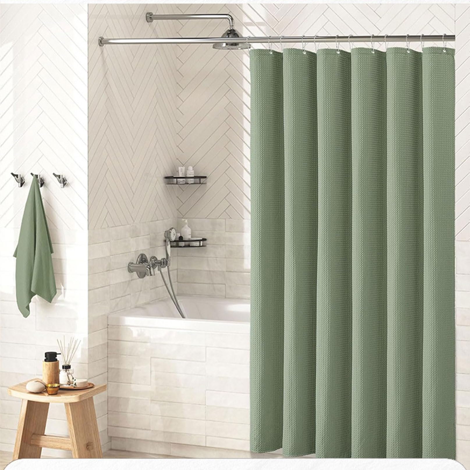 RCYONGQ Shower Curtain Polyester, Water Repellant Fabric, Waffle Bathroom Curtains Includes 12 Pcs Curtain Hooks, Quick-Drying, 230g/㎡ for Bathroom Wet Room Tub(Green,180x180cm)
