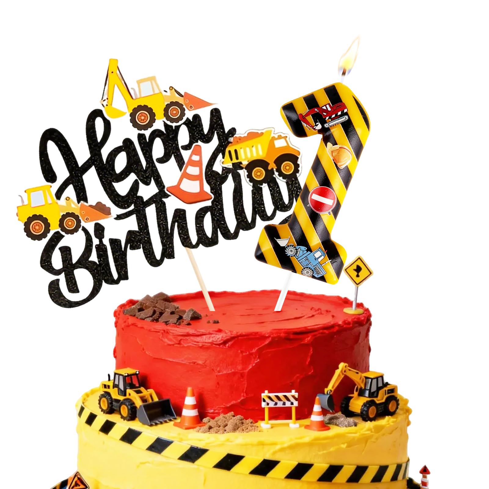 Birthday Candles for Cake, Yellow Black Striped Construction Number Candles, Cake Candles with Greeting Card for Birthday Party Wedding Anniversary Celebrations(1 Candle,Construction)