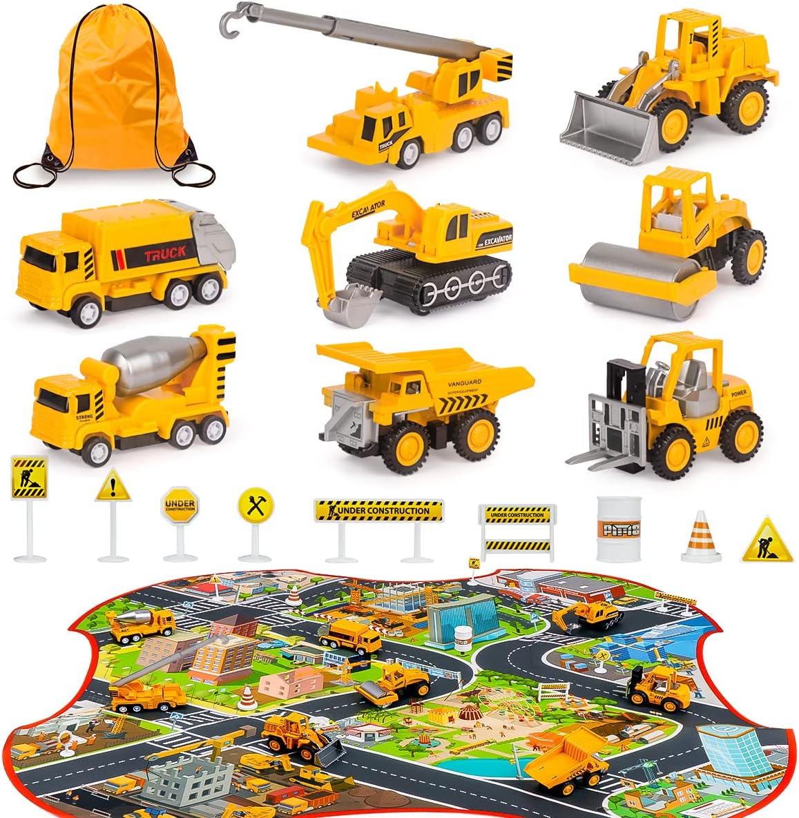 Meland Construction Toy Trucks - 8 Mini Construction Vehicles with Mat(22.7x32.7Inch) & Road Signs, Toddler Boys Toys for Kids Age 3,4,5,6 Year Old Birthday Christmas