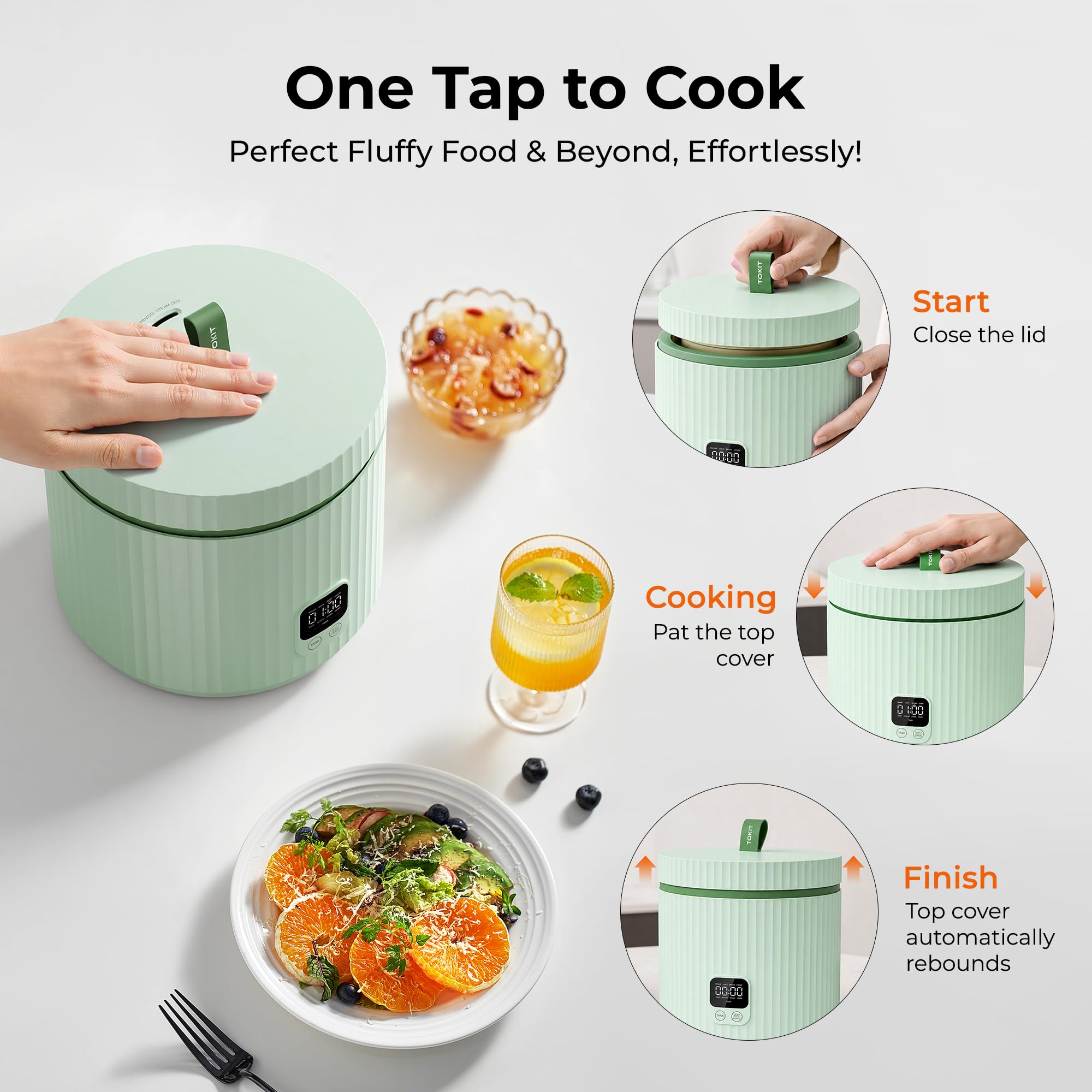 TOKIT Cuociriso Mini 1.5L, Cuociriso Elettrico Multifunzione con Riscaldamento a Induzione IH, Rivestimento Antiaderente Ceramico, 350W per 1-3 Persone, 5 Programmi, Verde