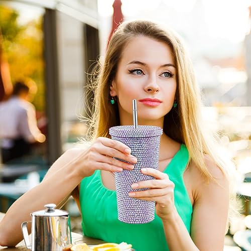 Miniatura 2 de MANMAOHE Vaso de acero inoxidable brillante de 17 onzas con tapa y pajita, vaso térmico al vacío con 1 cepillo, 1 cepillo para popote (morado)