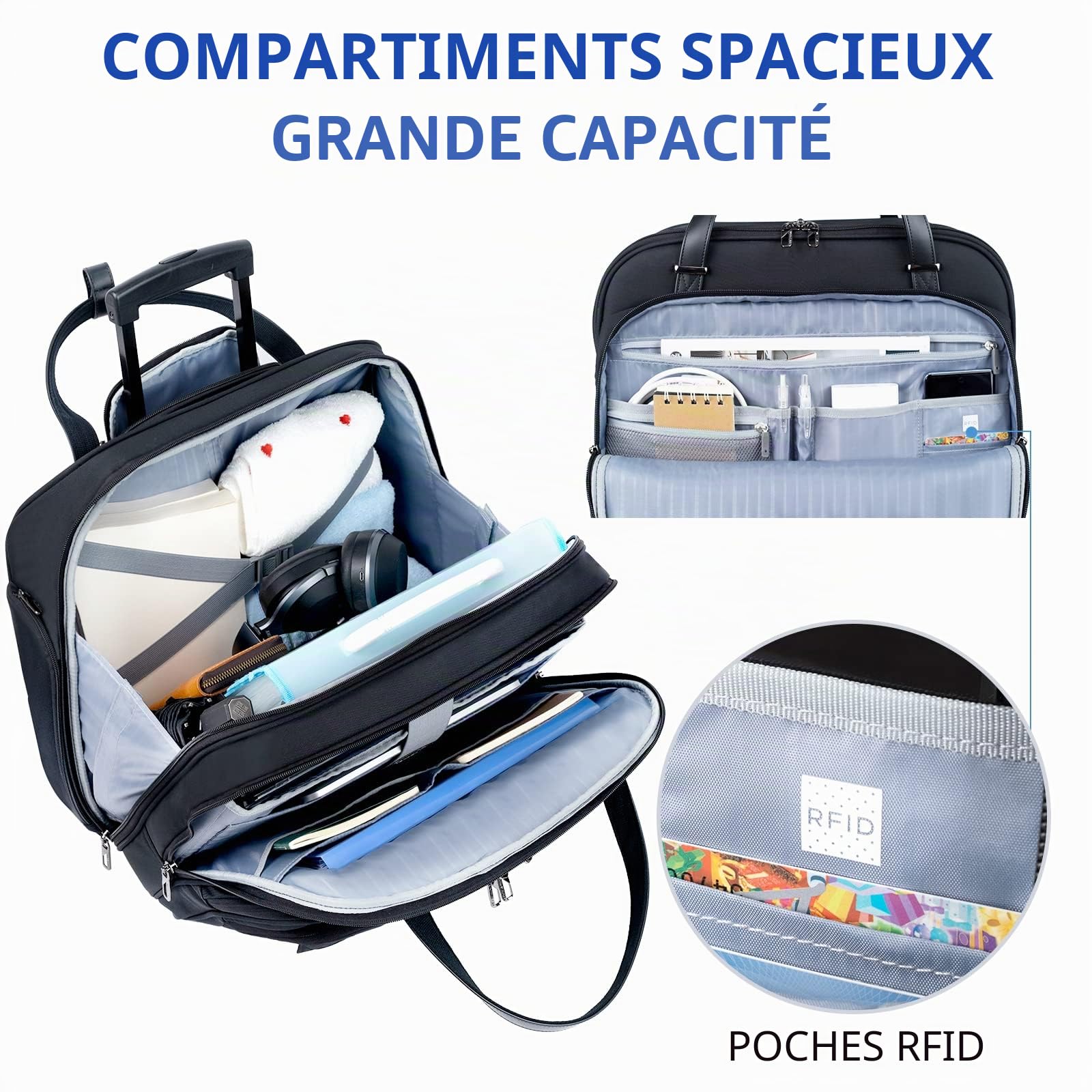 VANKEAN Sacoche à roulettes pour Ordinateur Portable pour Femme, Sac de Voyage à roulettes de qualité supérieure pour Ordinateur Portable jusqu'à 15,6 Pouces, Mallette étanche avec Poches RFID