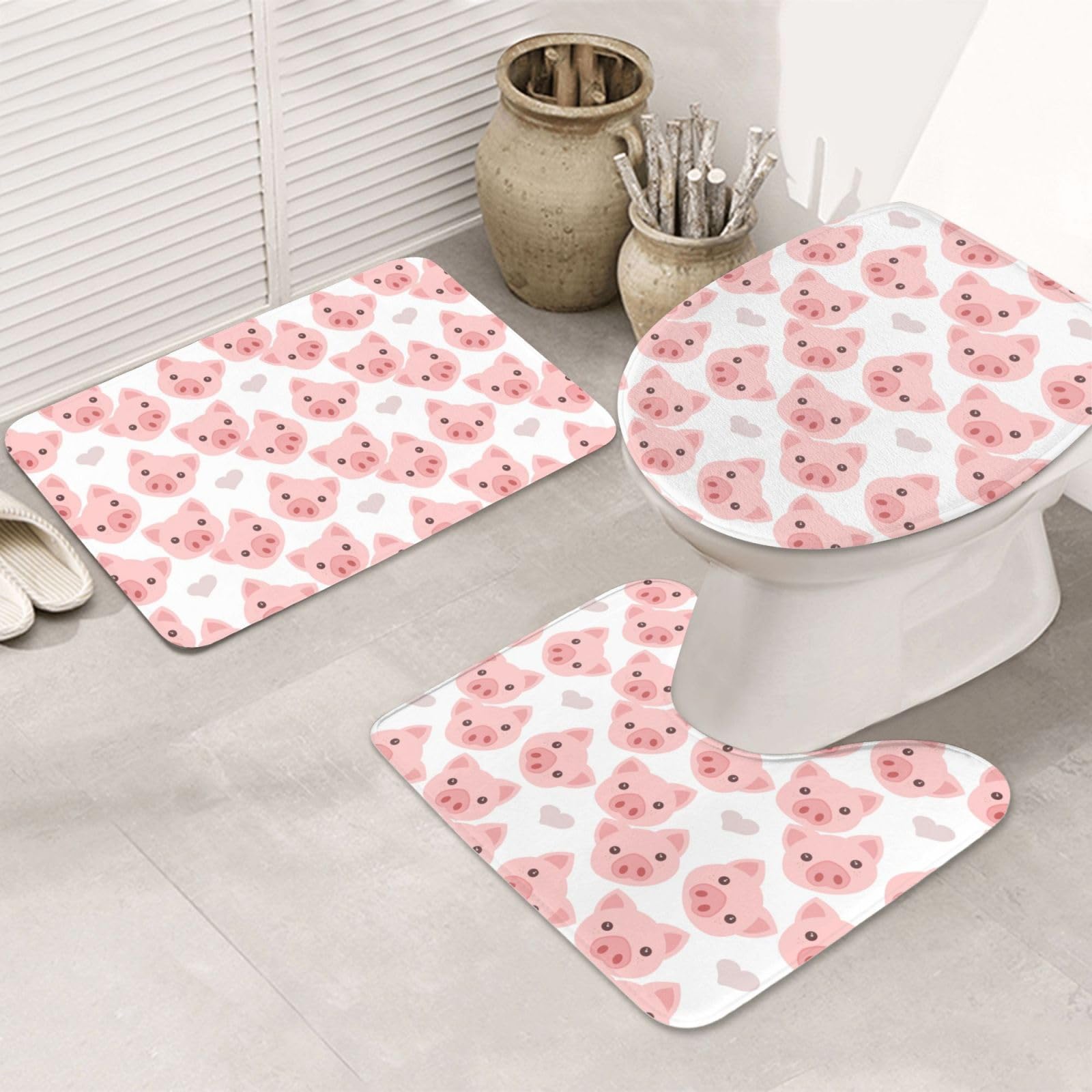 Tapis de bain cochon mignon antidérapant et lavable pour salle de bain lot de 3 pièces