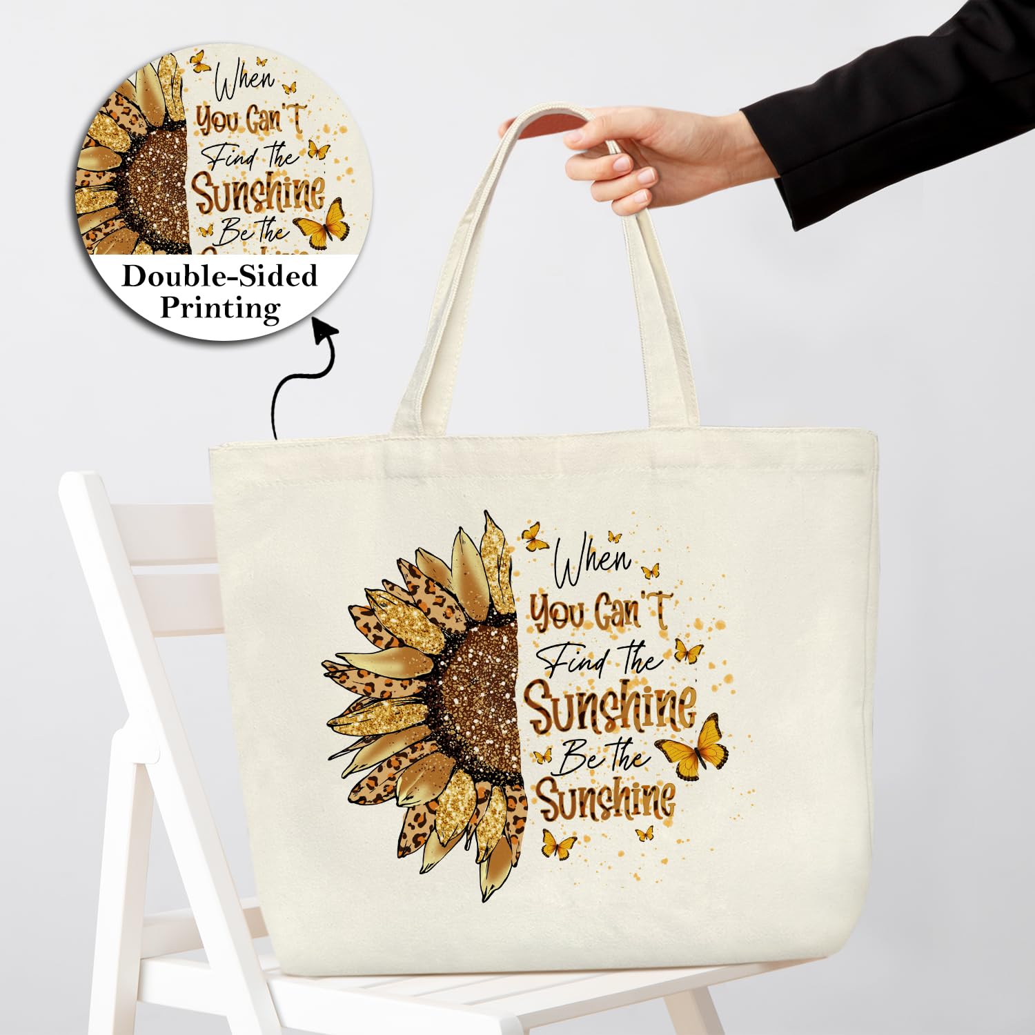 Bolsas de lona motivacionales para mujer, When You Can't Find The Sunshine Be The Sunshine, regalos inspiradores de girasol para cumpleaños, vacaciones, bolsa de lona personalizada para el hombro,