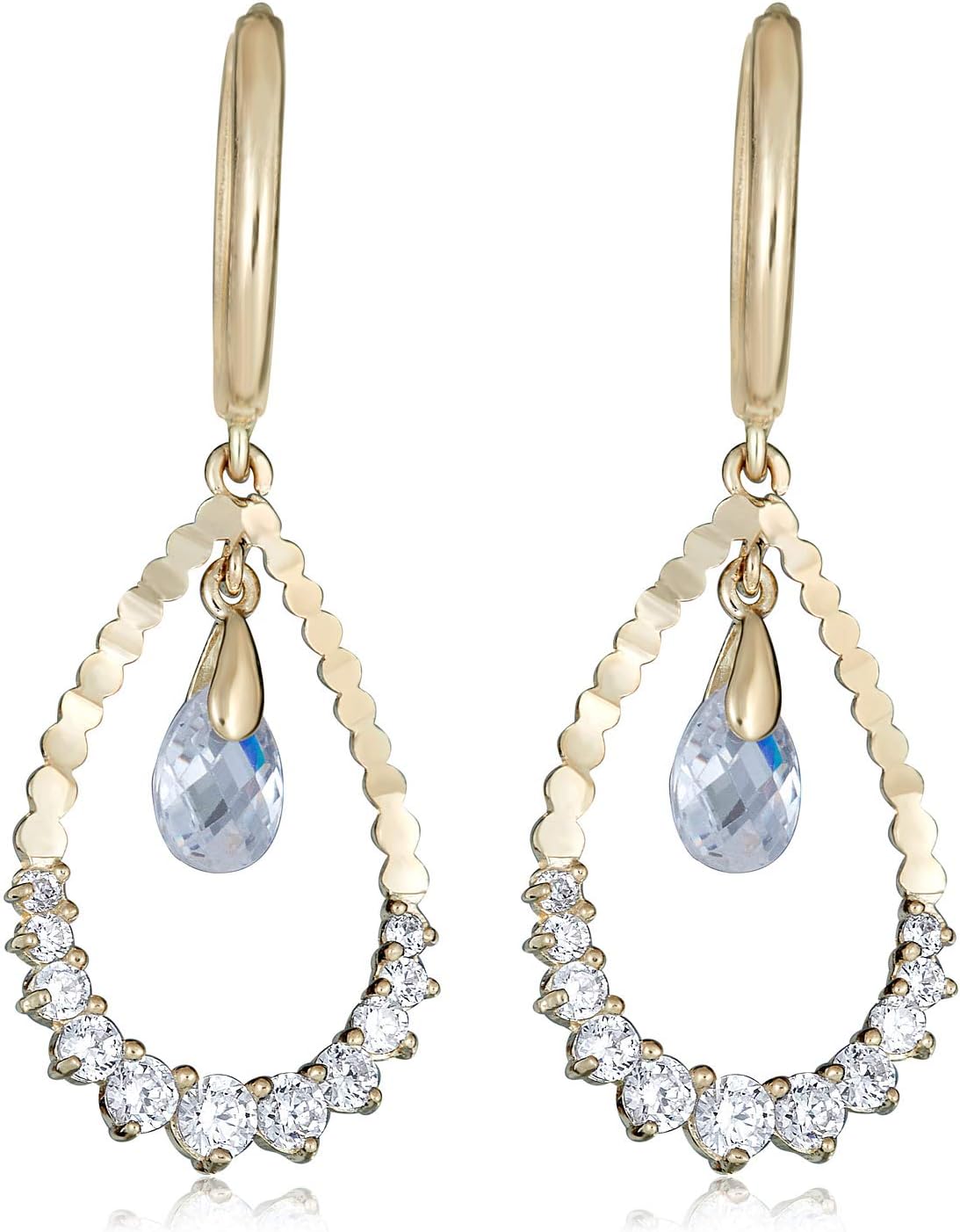 AVORA 14K Yellow Gold Dangling Simulated Diamond CZ Teardrop Huggie Hoop Earrings