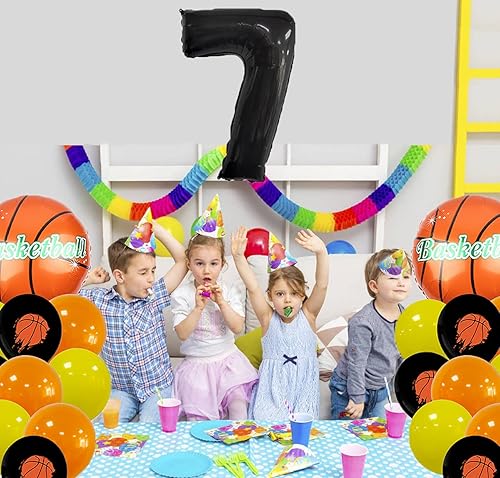 Miniatura 3 de Juego de globos de baloncesto de 7 para fiesta, globos de aluminio de Mylar negros del número 7, globos de látex para fiesta de 7 cumpleaños,