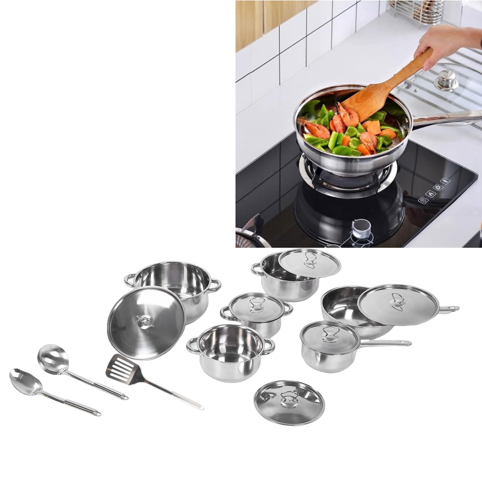 Yosoo Health Gear Zestaw naczyń ze Stali Nierdzewnej, Zestaw do Gotowania w Kuchni, 4 Garnki do Zupy 2 Patelnie 1 Szpatułka 2 łyżki, Idealne Gotowania w Domu i Przygotowywania Posiłków