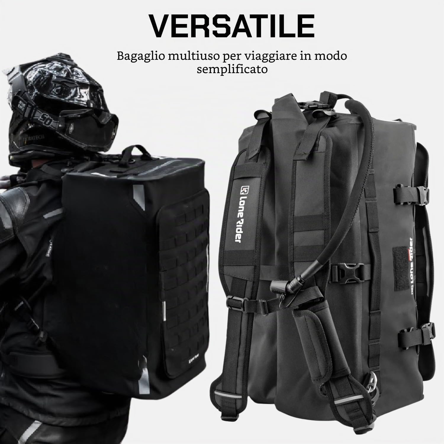 Lone Rider Overlander 30L Borsa Moto Impermeabile, Borsone Posteriore Espandibile per Portapacchi con Sistema MOLLE, Vano Portaoggetti Beavertail e Chiusura Arrotolabile