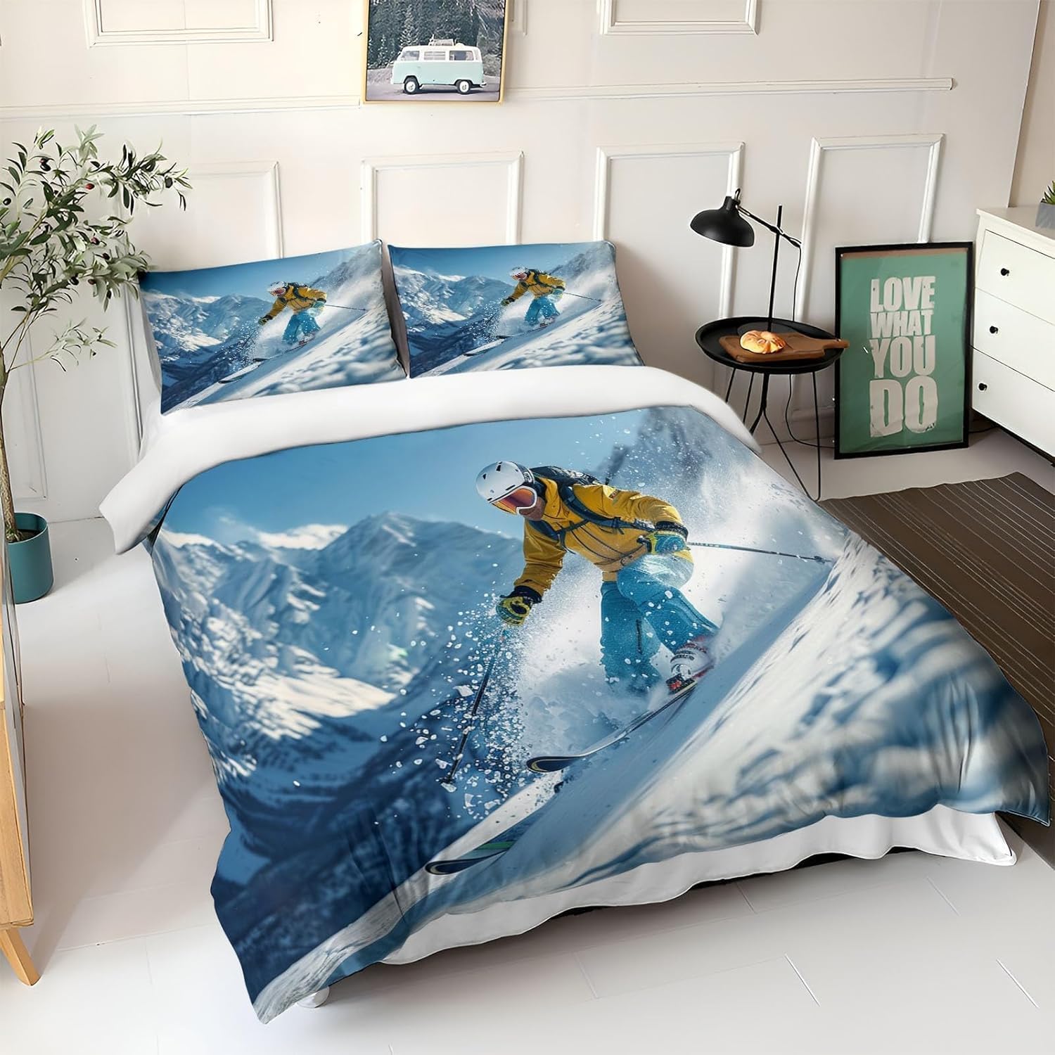 Poszwa na kołdrę 105 Narciarska Mikrofibra 3D Poszewka na kołdrę 200 x 220 cm Śnieżna Górska Krajobraz Lekka Oddychająca Pościel z zamkiem błyskawicznym i 2 poszewkami na poduszki b.3457