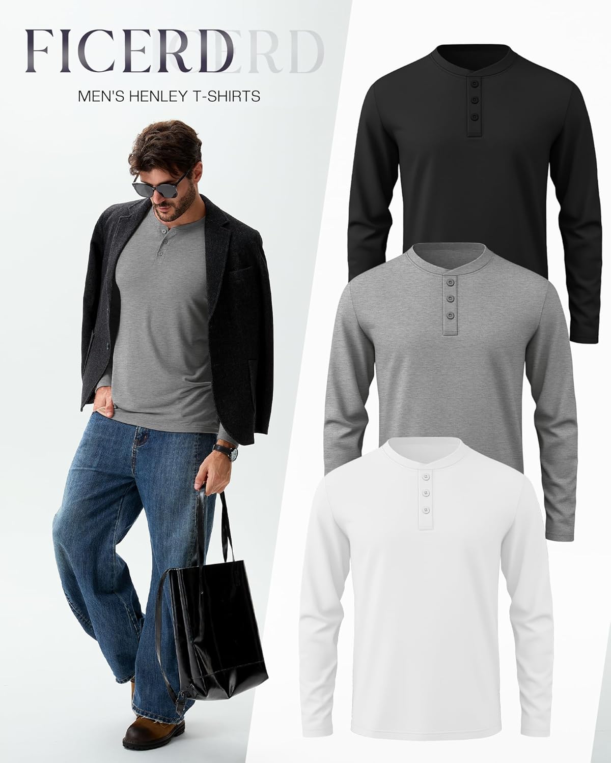 Ficerd 3 Pack Men's Big and Tall Henley T-Shirts Long Sleeve Plus Size Cotton Blend Tee Loose Fit Casual Fall Basic Tops - Image 2