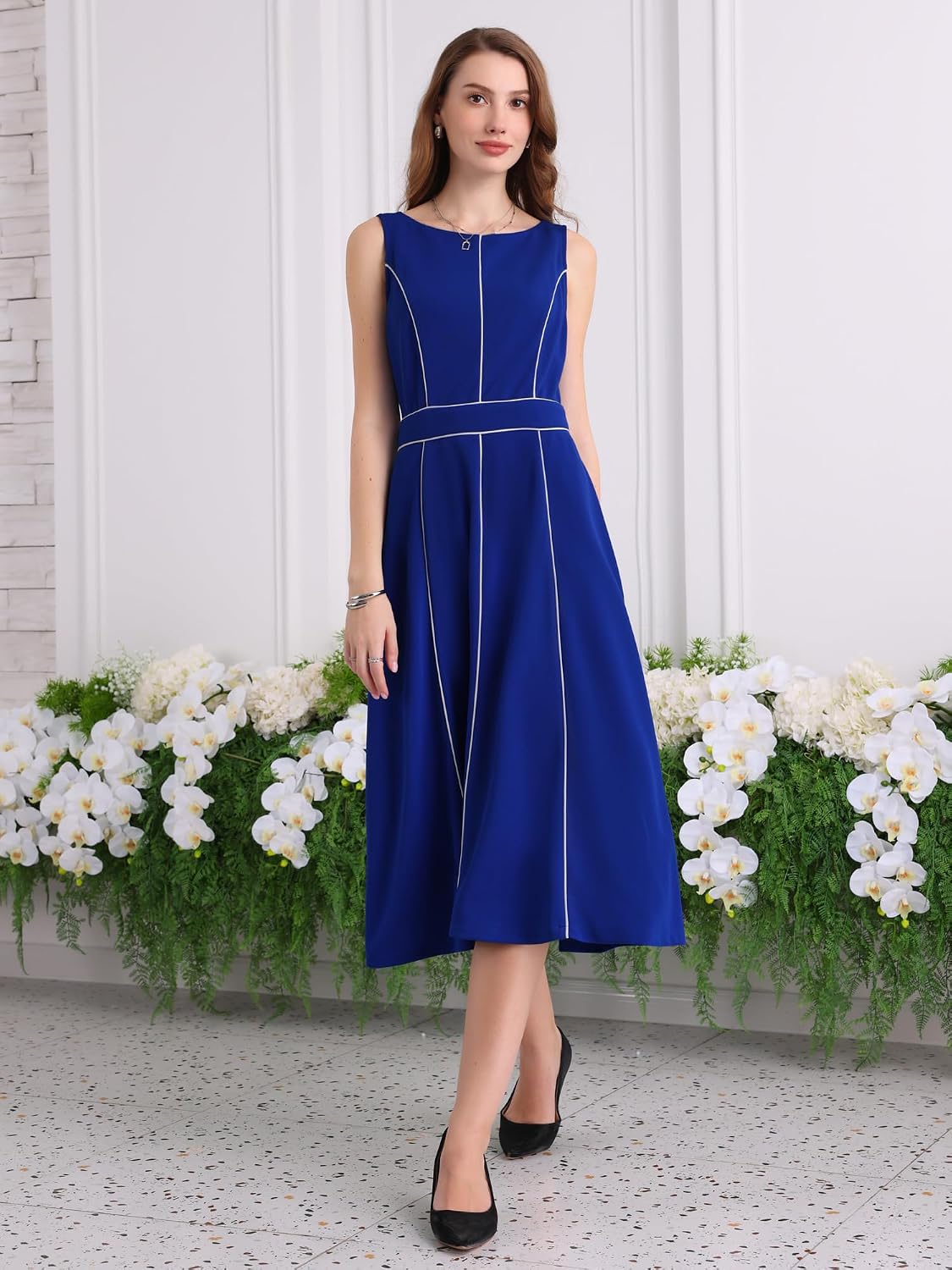 Hobemty Women's Boat Neck Sleeveless Dress Elegant Cocktail Party A-Line Flare Dresses