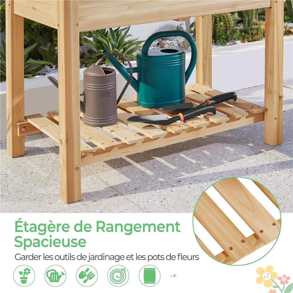 Yaheetech Carré Potager sur Pied en Bois avec Plateau Intérieur Extérieur Structure Ergonomique Trous de Drainage pour Balcon/Jardin