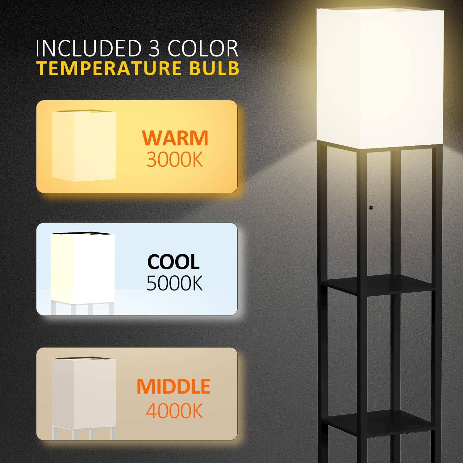 Floor Lamp with Shelves by Solid Wood, Modern Shelf Floor Lamp with 3 Color Temperature, Linen Lampshade and Storage Shelves for Living Room, Bedroom, Bulb Included, Matte Black - - 
