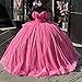XYAYE Sparkly Tulle Pink Quinceanera Dresses with Bow Glitter Off Shoulder Layered XV Dress for Quinceañera Luxury Petite Beaded Ball Gown Size 0