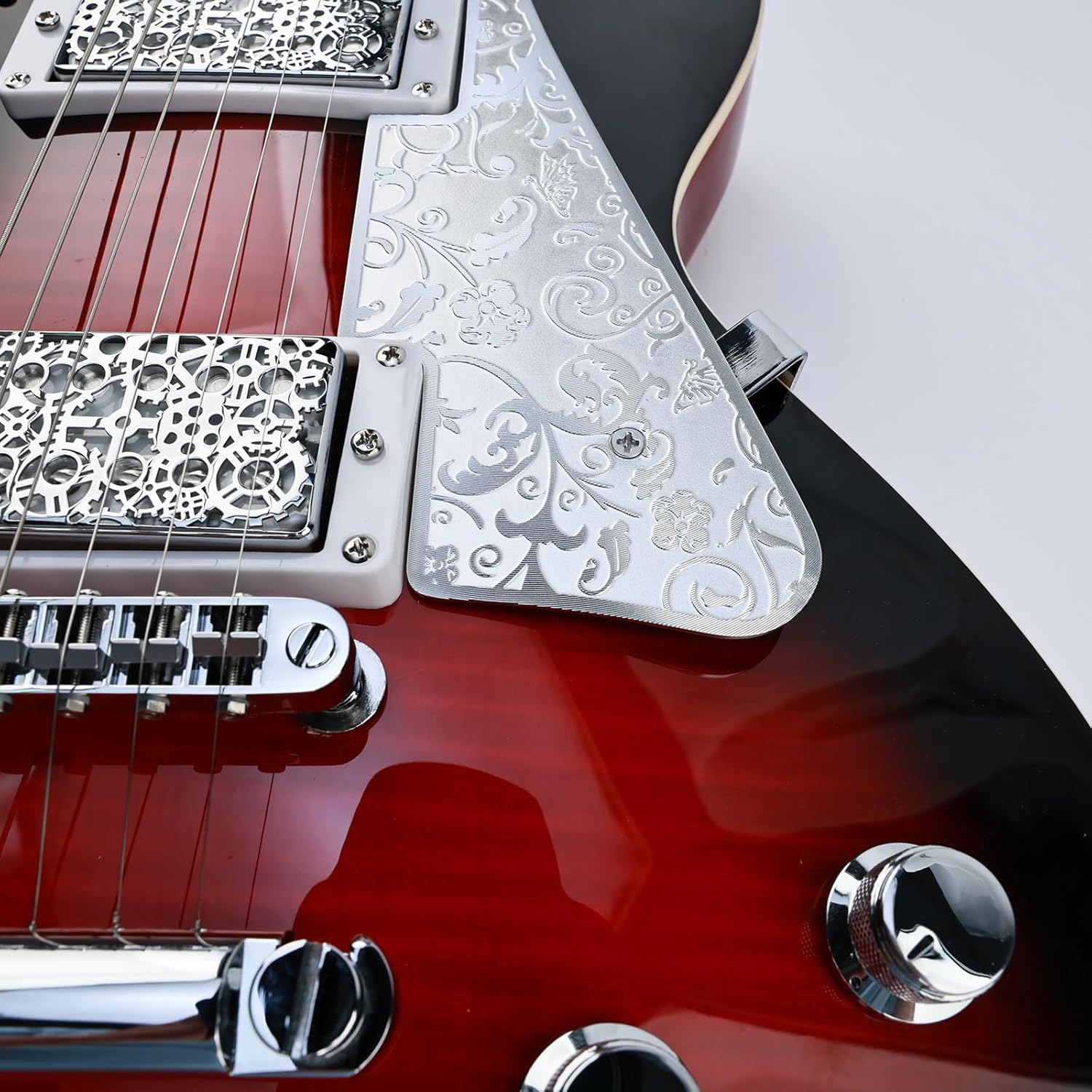 Aluminum Alloy LP Pick Guard Scratch Plate 2-Hole Mount Engraved Metal Electric Guitar Pickguard Compatible with Epiphone Epi Les Paul Style Guitar Replacement Parts(Chrome)