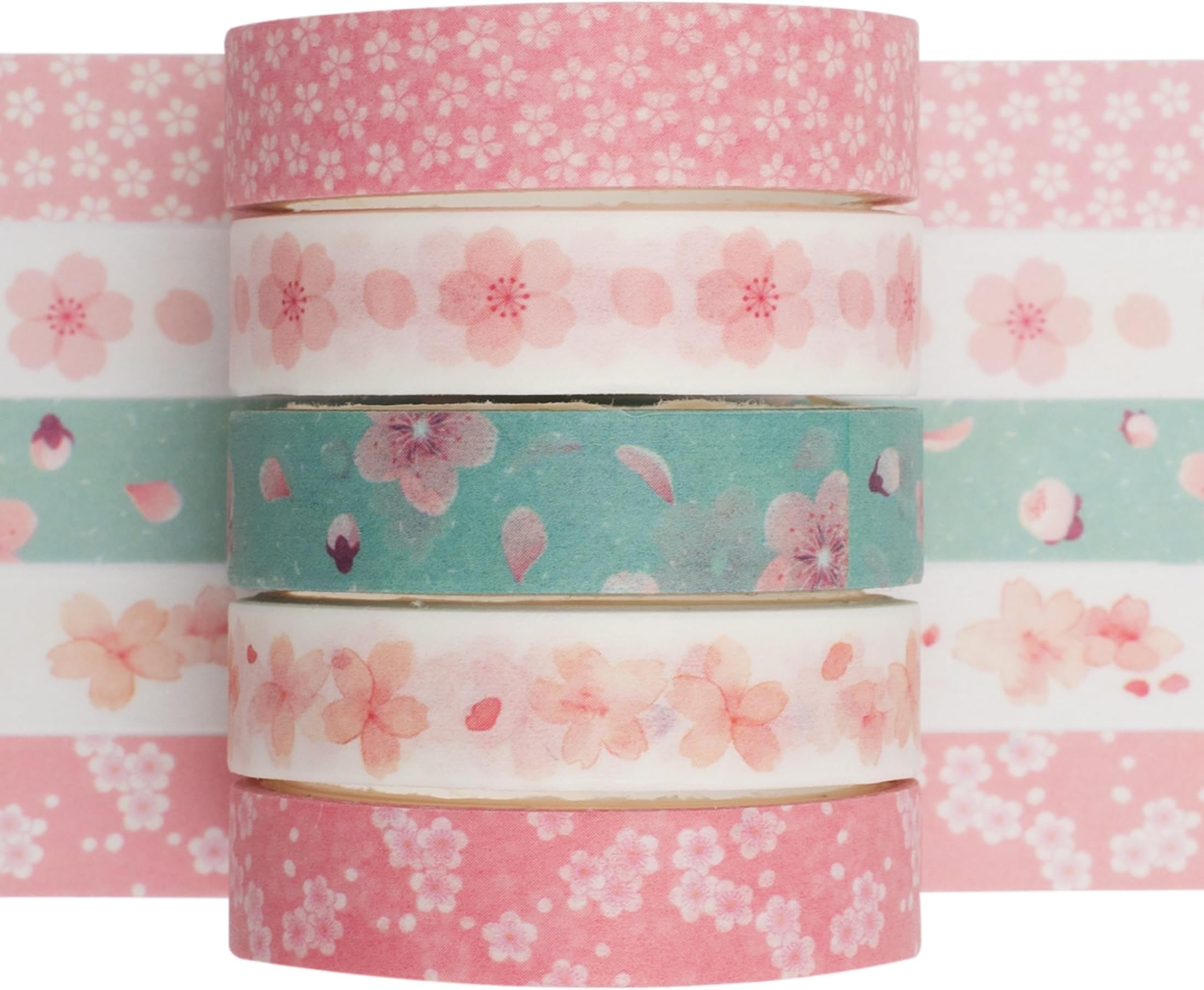 5 Rolls Pink Washi Tape Set Cherry Blooms Creative Basic Skinny Decorative Tapes for Arts, DIY Crafts, Journals, Planners, Scrapbooking, Wrapping (Sakura)