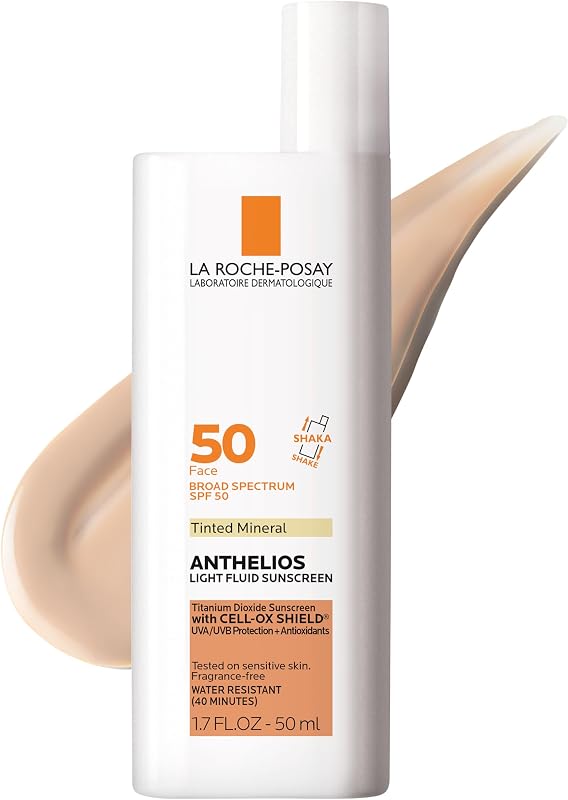 Protector solar La Roche-Posay Anthelios Mineral Light Fluid para el rostro en 5 tonos | Protector solar de amplio espectro, antioxidantes, dióxido de titanio y óxido de zinc. Sin yeso blanco, 5 tonos, sin aceite y sin oxibenzona.