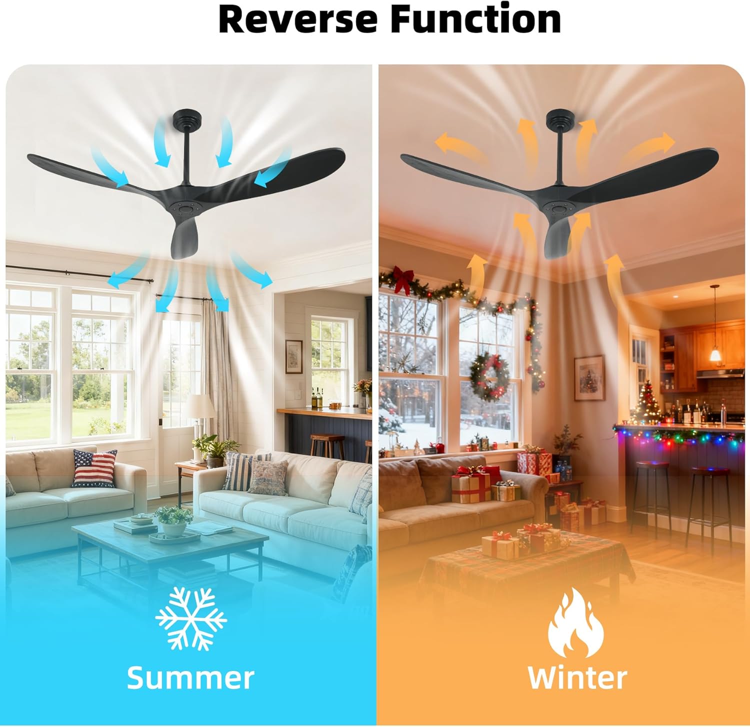 Outdoor Ceiling Fan Without Light, 60 Inch Smart Ceiling Fan with Remote & Voice Control for Alexa/Google, 3-Blade Wood Fan, Quiet DC Motor, 6 Speeds for Patio, Porch, Farmhouse, Black