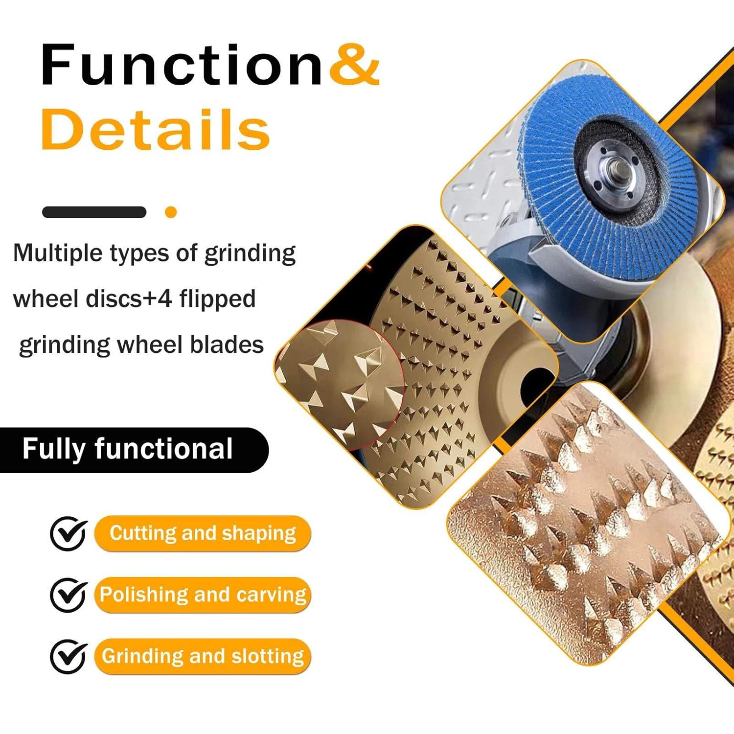 14PCS Wood Carving Disc Set for 4" & 4-1/2" Angle Grinder, Stump Grinder Tool with Flap Sanding Wheels, 5/8" Adapter Rings for Cutting, Shaping, Grinding & Polishing Wood