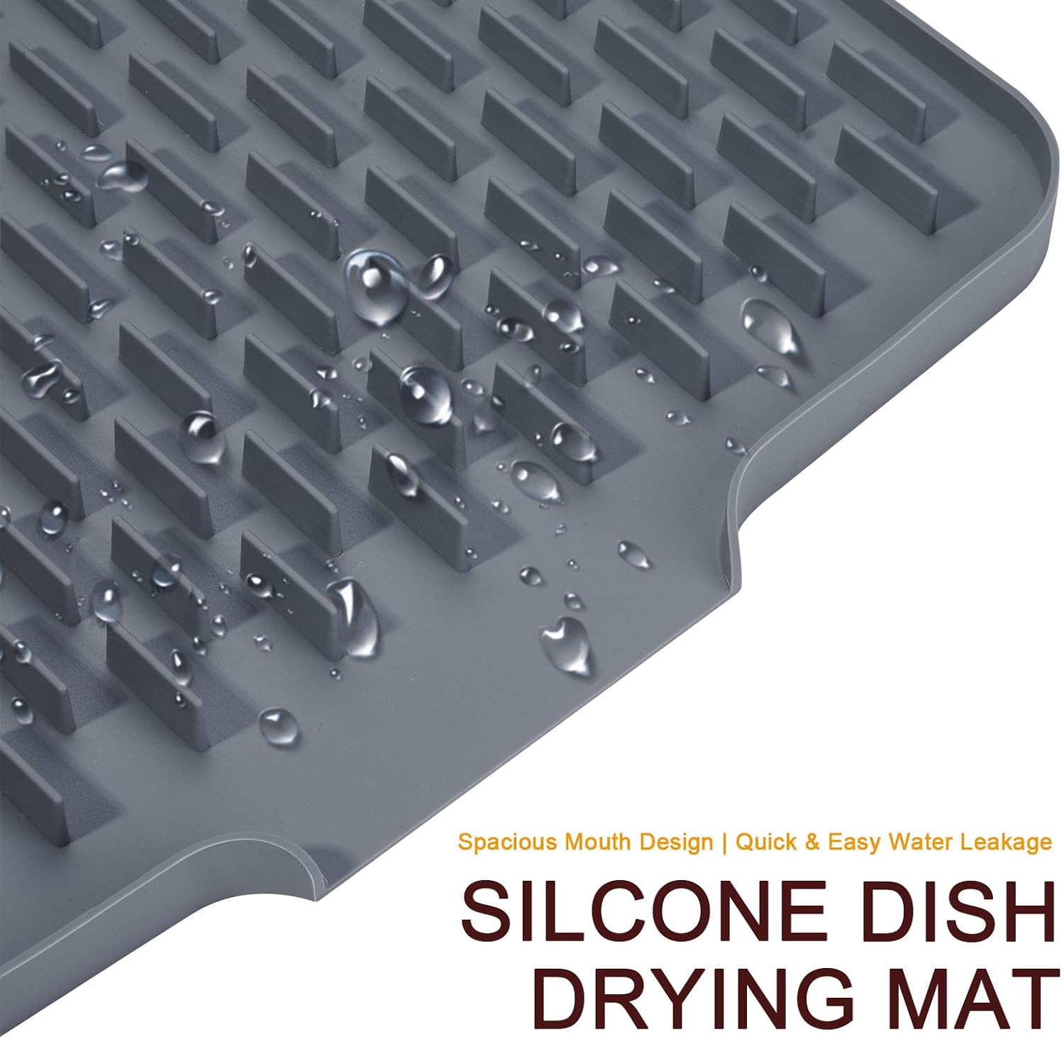 Silicone Dish Drying Mat for Kitchen Counter, Non-Slip Dish Heat Resistant Drying Pad with Built-in Drain (15.8'' X 11.8'', Grey)