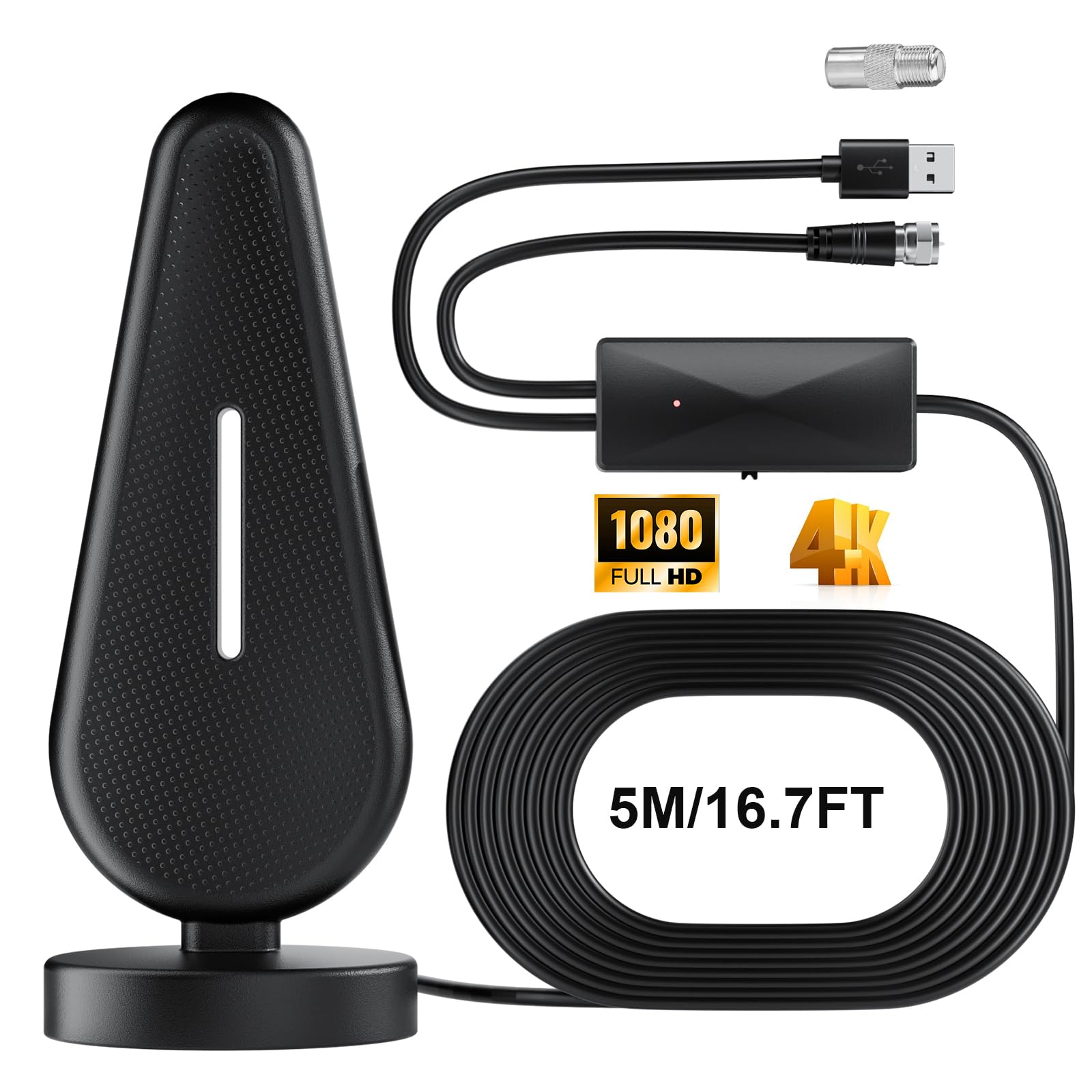Antenna TV Digitale Interna Amplificata 4K HD, 450+ Miglia, Cavo 5m, Nera