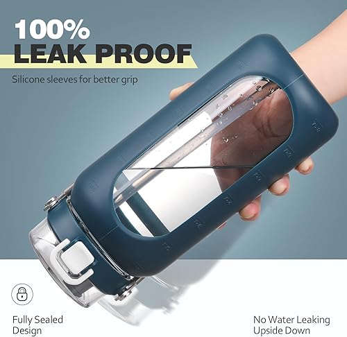 Miniatura 3 de BLUEGO Botella de agua de vidrio de 64 onzas, botellas de agua con mango de acero inoxidable y popote, botella de agua motivacional de medio galón