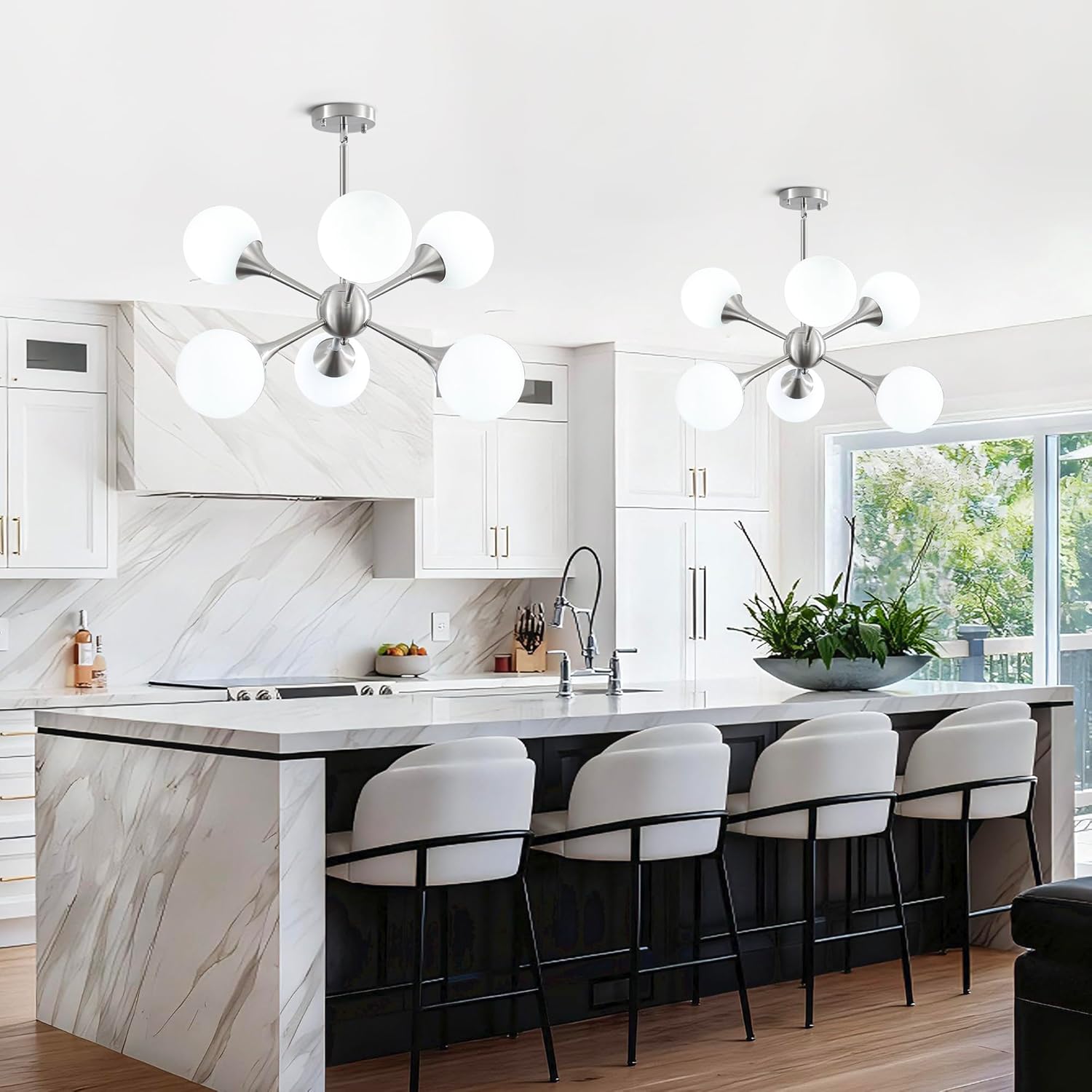 26" Sputnik Chandelier, 6-Light Modern Glass Globe Chandelier, Brushed Nickel Ceiling Light Fixture for Dining Room, Kitchen Island, Foyer, Living Room