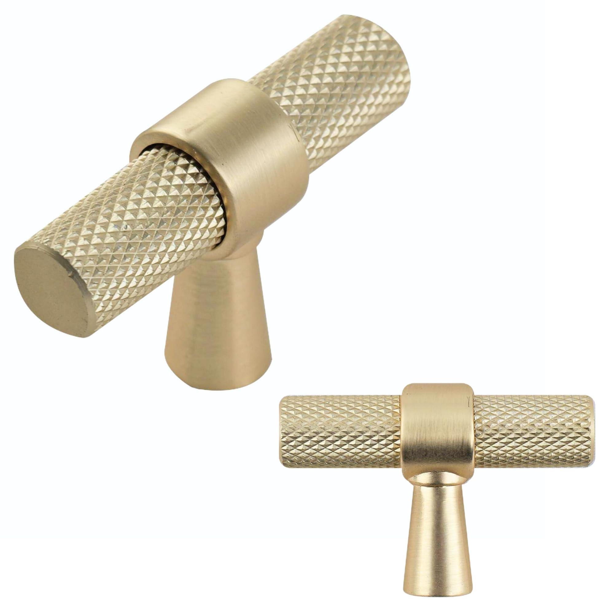 keypak 10 Pack Brushed Brass Knurled Kitchen Cupboard Handles, Knobs, Aluminium T-Bar Pulls for Cabinet, Wardrobe Doors, Chest of Drawers