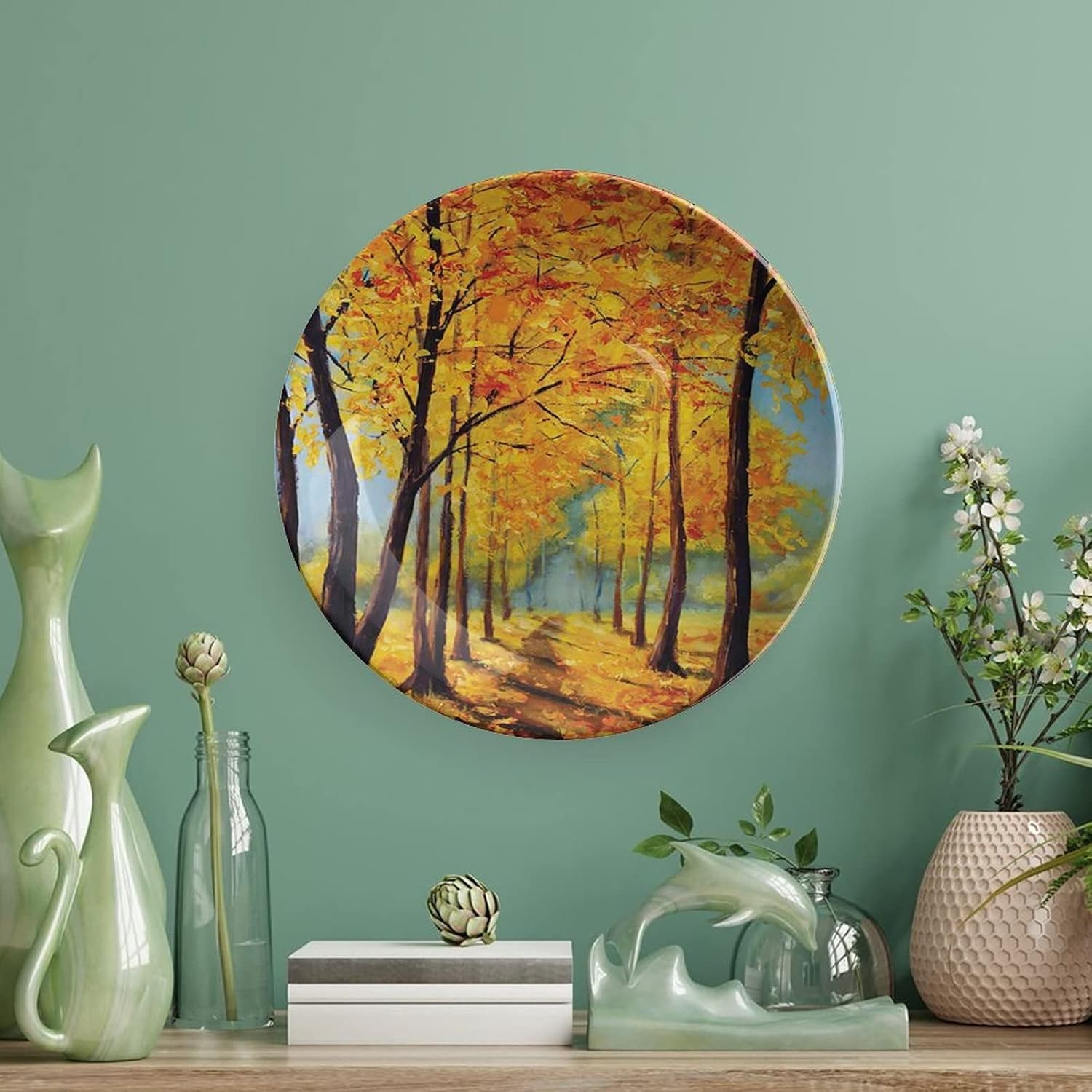 XISUNYA 10 Inch Decorative Plate,Country Round Porcelain,Painting of Park in Autumn Fall with Pale Warm Tone Leaves Print Ceramic Wall Hanging Decor Accessory for Dining Table Tabletop Home Decor