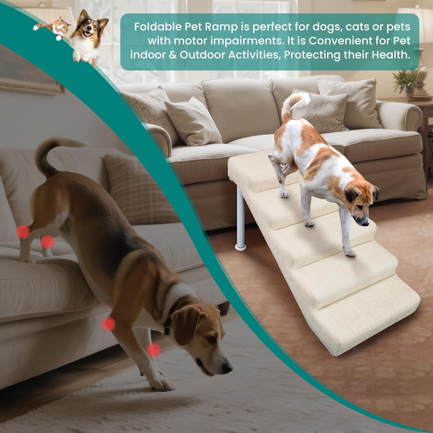 Dog Stairs for Bed & Couch, 19.7" Extra Wide Dog Steps for High Bed, 5-Step Non-Slip Pet Stairs for Dogs, Adjustable Dog Steps up to 150 lbs, Linen Faux Leather, Height Adjustable from 18.5" to 21.7"