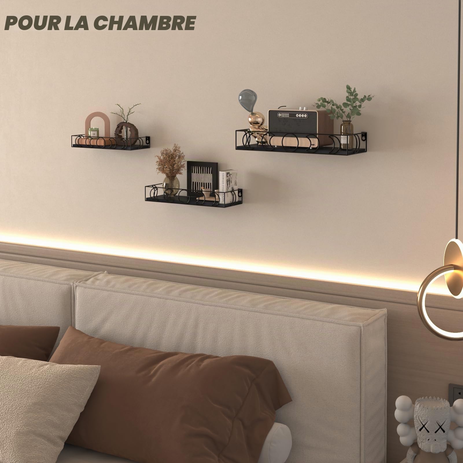 EYMPEU Étagère Murale en Bois et Métal à Motifs Lunaires, Lot de 3 Étagères Murales Noires pour La Cuisine, La Salle de Bains, Le Bureau, Le Salon