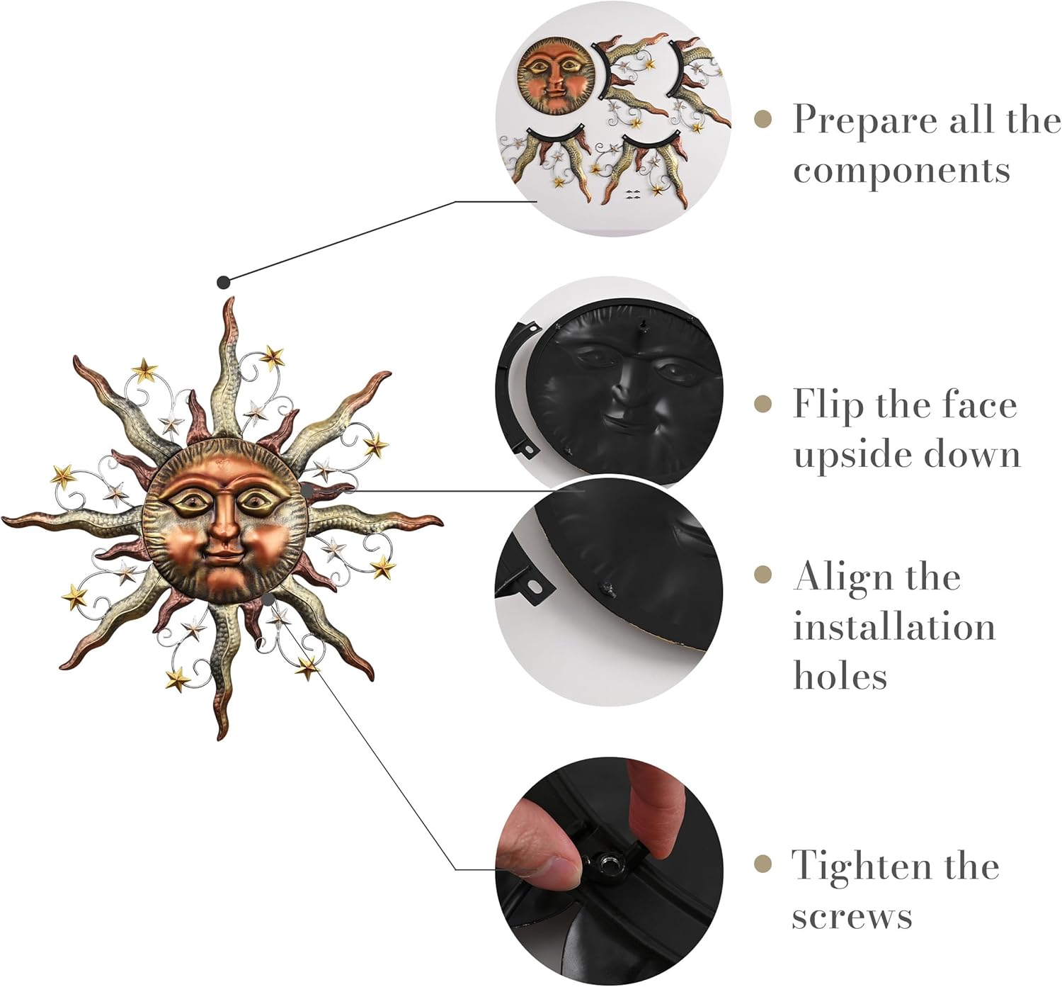 TERESA'S COLLECTIONS Sun Metal Wall Art for Outdoor Decor,32" Bronze Sun Face 3D Wall Decor for Garden Decor,Rustic Retro Hanging Sculpture for Outside Living Room Home Patio Farmhouse Gifts for Mom