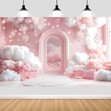 7X7ft Pink Cloud Backdrop Sky Starry Star White Pink Photography Background Baby Shower Backdrops for Girl Baby Birthday Party Decoration Newborn Photoshoot Prop Cake Smash Photo Booth Props